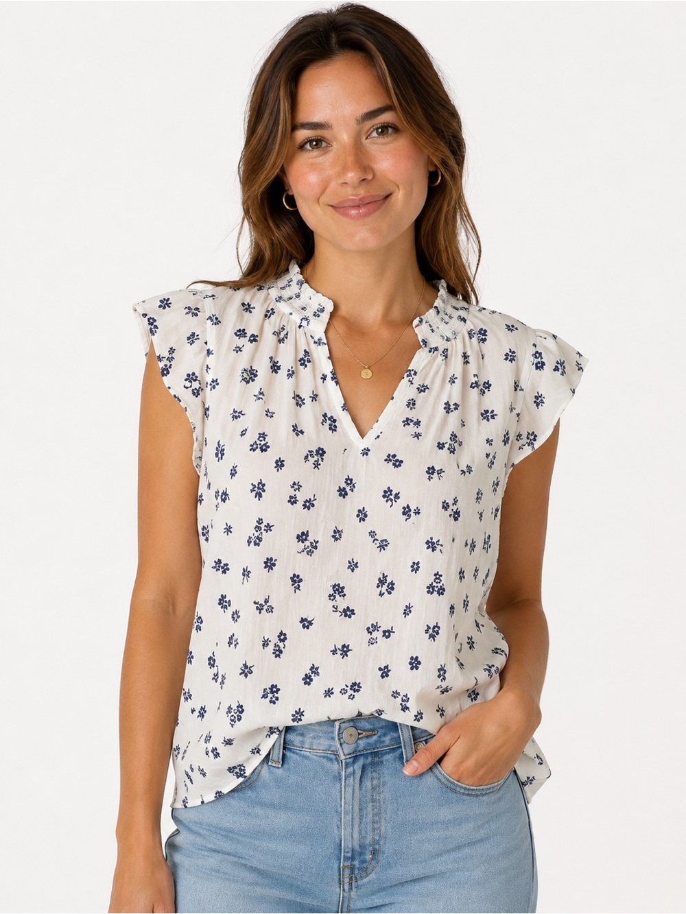 Blue & White Floral Top Size Large Old Navy Cottagecore Peasant Prairie